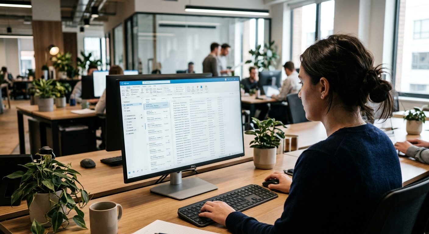 Mitarbeiterin sortiert am Monitor eine E-Mail-Übersicht mit vielen Ordnern in einem modernen Büro