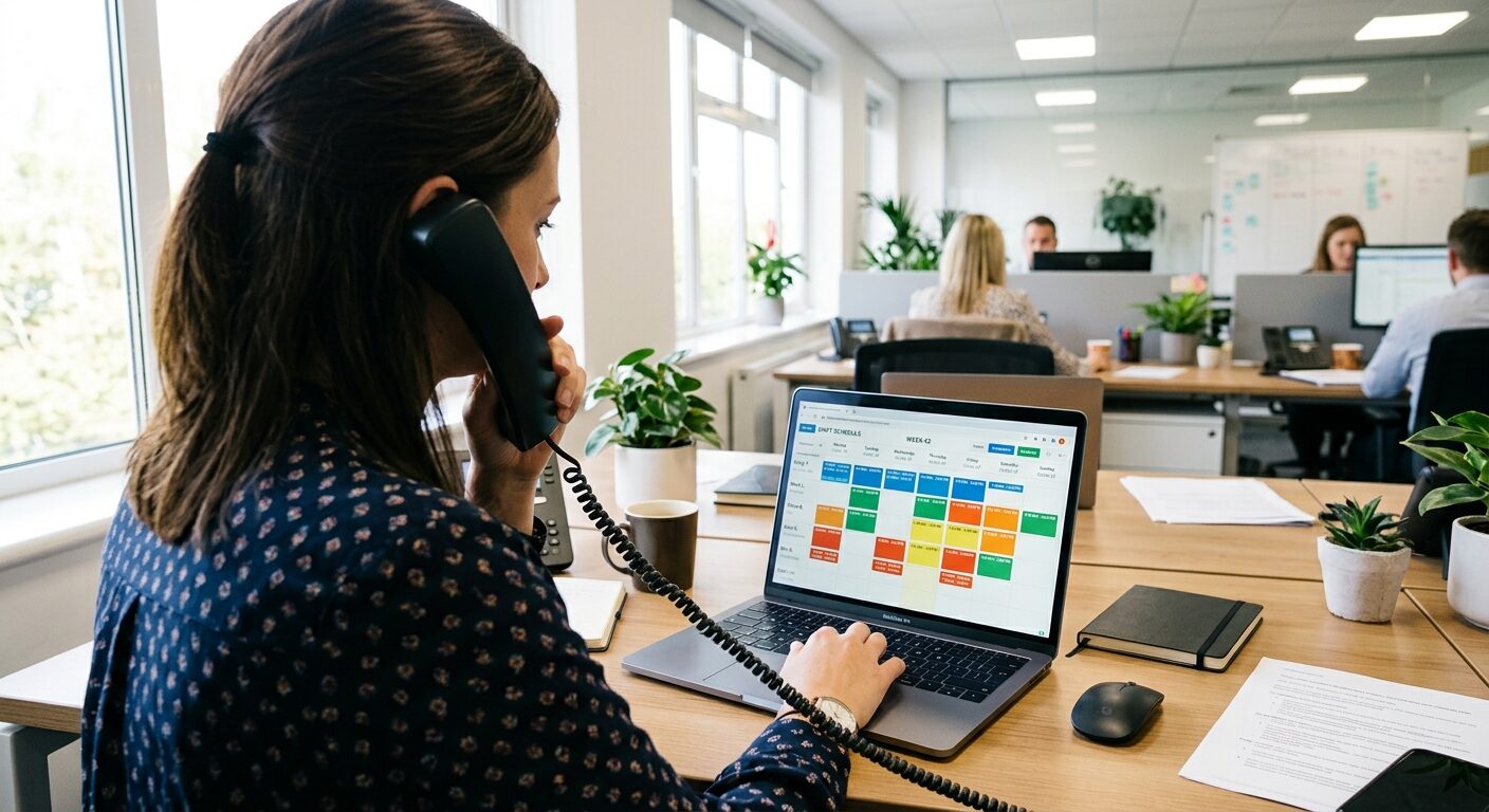 HR-Mitarbeiterin telefoniert und blickt auf einen Schichtplan-Kalender am Laptop im Büro