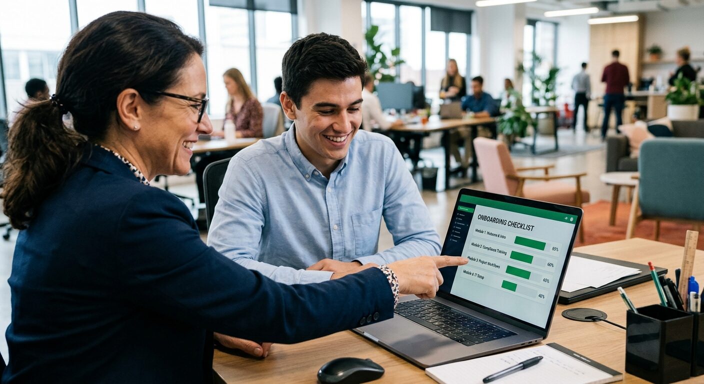 Erfahrene Kollegin zeigt einem neuen Mitarbeiter am Laptop eine Onboarding-Checkliste mit Fortschrittsbalken