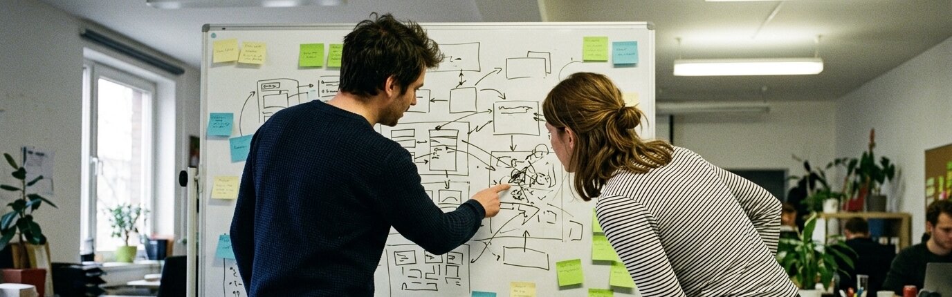 Zwei Personen erarbeiten am Whiteboard einen Prozessablauf mit Diagramm und Haftnotizen